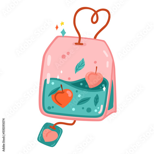 Cartoon teabag with green leaf and peach aroma. Rectangle tea bag with label. Tea time. Hand drawn vector illustration isolated on a white background.