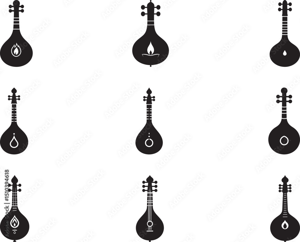 Fototapeta premium An icon set displaying stylized string instruments, incorporating harmonious symbol designs representing abstract concepts. Perfect for themes of music, creativity, and art in graphic design