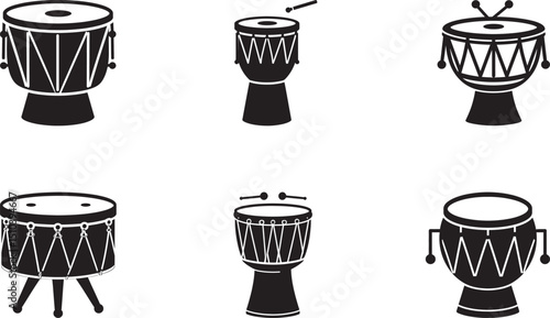 Illustration showcasing six unique drum silhouettes representing diverse percussion instruments in a uniform black design, designed on a white background for usage in musical or artistic contexts.

