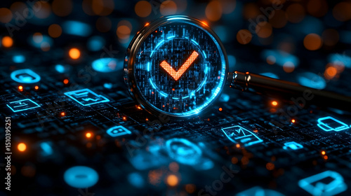 Magnifying glass with check mark over digital network
