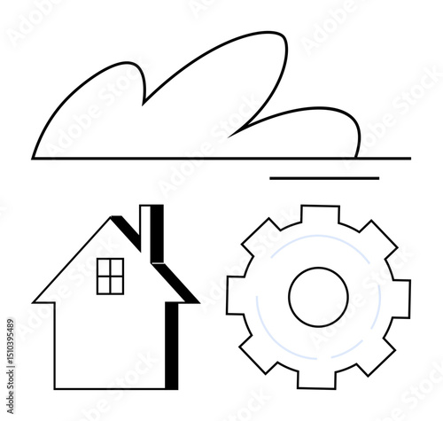 Minimalist cloud, house, and gear icons symbolizing technology, automation, housing, innovation. Ideal for smart home, technology, service automation engineering innovation simple landing page