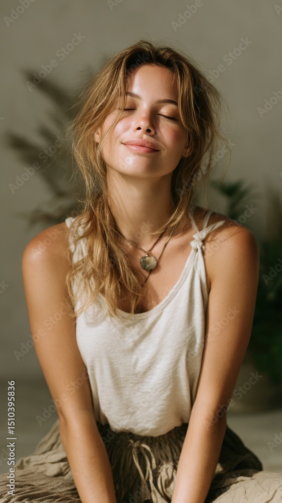 Fototapeta premium A woman is sitting on the floor with her legs crossed