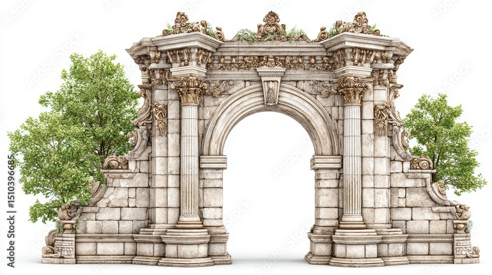Fototapeta premium Stone archway with intricate carvings is overgrown with green vegetation.