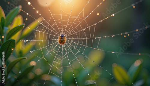 Spiderweb with morning dew gleaming in sunlight among greenery for Halloween promos or nature conservation content 