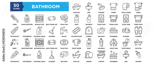 50 Bathroom icon set. Containing design interior, modern, design, home, bath, house, room	