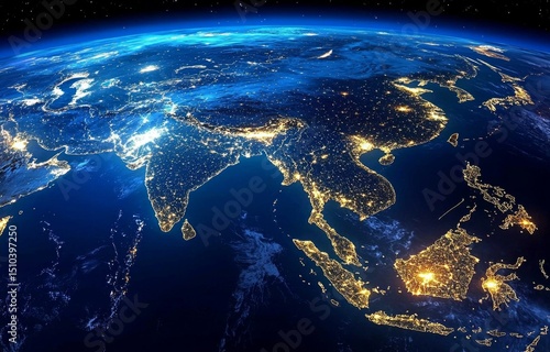 A captivating world map highlights city lights across Asia.