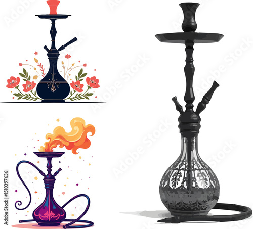 Create a kinds of hookah lounge bar menu vector art color with white background.