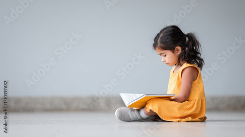 Young girl reading book sitting on floor in yellow dress