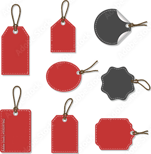 Create a kinds of Price tag labels in different shapes. Set of Empty stickers. Gift box tags or sale shopping labels with rope. Blank labels template price tags vector art with white background.