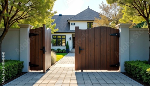 Modern house entrance with open wooden gates and sunny garden, inviting and welcoming atmosphere
