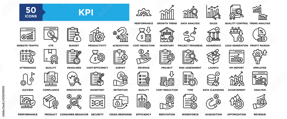 50 Key Performance Indicators icon set. Containing design performance, indicator, management, strategy, kpi 50 Key Performance Indicators icon set. Containing design performance, indicator, management, strategy, kpi
