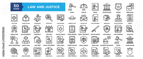 50 Law and Justice icon collection set. Containing design justice, lawyer, legal, concept, court, judge, legislation, attorney	