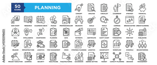 50 Planning and Organizing icon collection set. Containing design office, business, plan, management, schedule, calendar	
