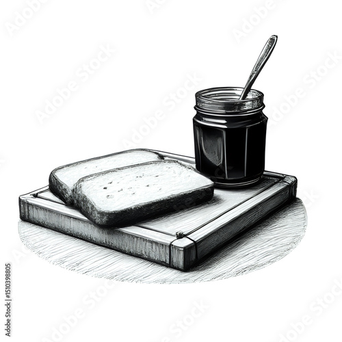 Illustration of bread and jam breakfast on a cutting board with a spoon inside on transparent background