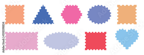 Collation of  different colorful postage stamp Edge, Hearts, polegon, circle Vector Jagged Geometric Shapes. Isolated set of colorful stickers, labels and badges.