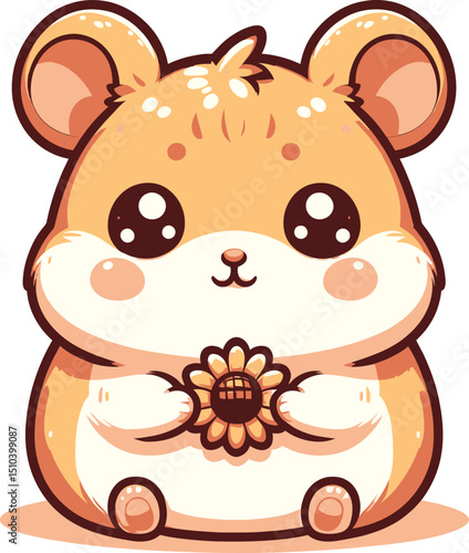 Adorable Chibi Hamster Holding Sunflower Vector Illustration in Kawaii Style