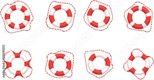 Create a kinds of deferent Floating lifebuoy.  Striped red and white lifebuoy with rope around. SOS emergency. Equipment for safety in water vector art with white background. 