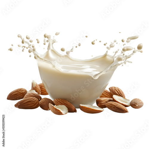 Milk splash with almonds isolated on a transparent background