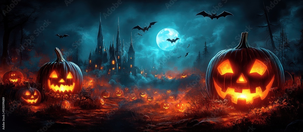 Naklejka premium Spooky Halloween Night: Jack-o'-lanterns and a Haunted Castle