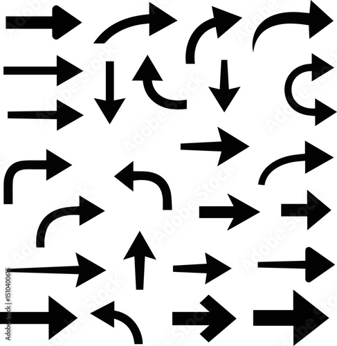 Create a kinds of deferent arrow, icon, vector, set, sign, symbol, design, arrows, web, direction, illustration, button, icons, element vector art  silhouette with white background.
