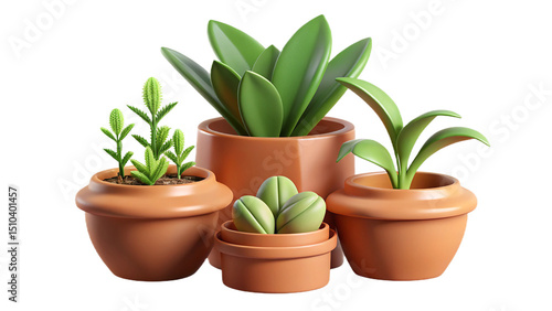 Collection of 3d rendered houseplants in various terracotta pots against abstract background
