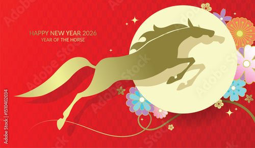 Beautiful horse jumping cny greeting card. Chinese new year of the horse 2026 paper cut style background.