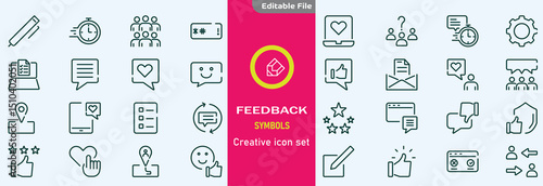 Feedback set of web icons in line style. Feedback and Review icons for web and mobile app. Customer relationship management. Star rating, satisfaction, emotion, testimonials, quick response,