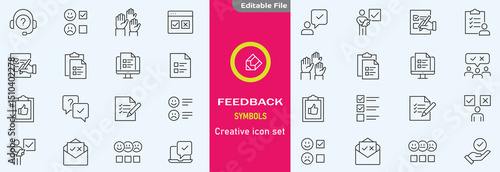 Feedback set of web icons in line style. Feedback and Review icons for web and mobile app. Customer relationship management. Star rating, satisfaction, emotion, testimonials, quick response,