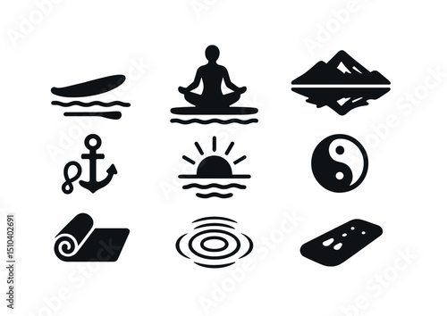 Paddleboard Yoga Icons. Solid, filled icons set of yoga on a paddleboard in a lake: paddleboard icon, yoga