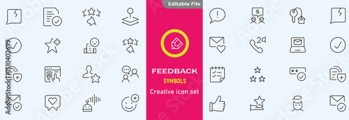 Feedback set of web icons in line style. Feedback and Review icons for web and mobile app. Customer relationship management. Star rating, satisfaction, emotion, testimonials, quick response,