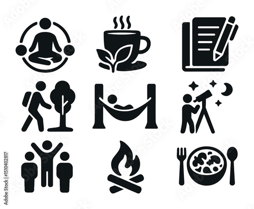 Holistic Retreat Icon Set. Solid, filled icons set of holistic lake retreat experiences: meditation circle,