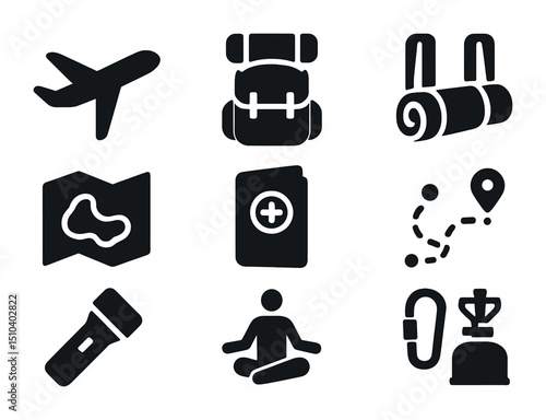 Travel Yoga Icons. Solid, filled icons set of travel and adventure yoga: plane icon, backpack roll, yoga mat
