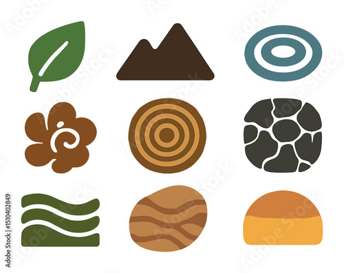 Nature Icon Grid. Solid, filled icons set of nature-inspired graphic design: leaf motif, mountain shape, water
