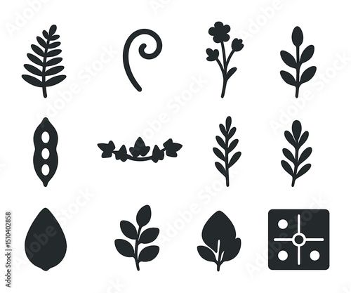 Botanical Icon Grid. Solid, filled icons set of botanical design elements: fern leaf, vine curl, wildflower