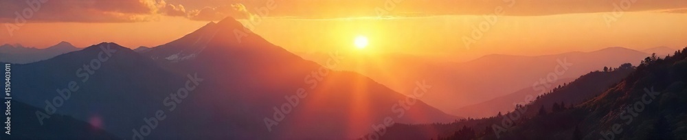 Fototapeta premium Serene sunrise over a majestic mountain range, bathed in golden light, inspiring feelings of peace and tranquility Perfect for meditation, yoga, or spiritual reflection , rays, sky