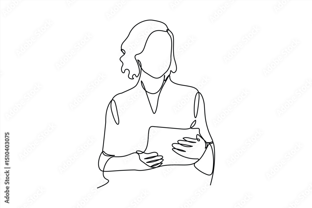 continuous one line drawing Business woman using digital tablet and hand holding modern smart holding report design graphic vector illustration continuous one line drawing Business woman using digital tablet and hand holding modern smart holding report design graphic vector illustration