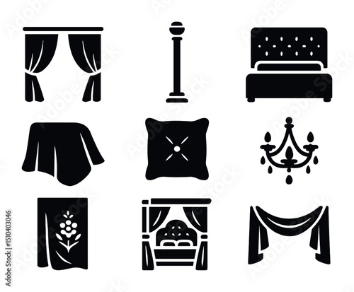 Luxury Bedding Icons. Solid, filled icons set of luxury canopy bedding: silk curtain, gold pole, tufted