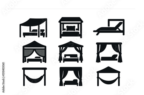 Outdoor Canopy Icons. Solid, filled icons set of outdoor canopy beds: sunshade cloth, wooden frame, patio