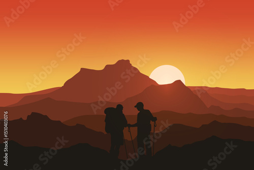 Silhouetted Hikers Standing on Mountain Peak at Sunset with Trekking Poles and Backpack. Majestic Mountain Ranges Under a Vibrant Evening Sky. Serene Nature Exploration Background Illustration.