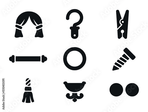 Canopy Accessories Icons. Solid, filled icons set of canopy accessories: curtain tieback, drape hook, net clip