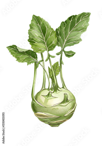 A watercolorstyle kohlrabi plant with leaves against a green backdrop