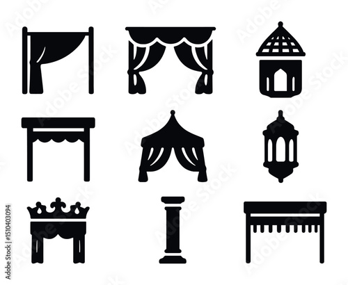 Historical Canopy Icons. Solid, filled icons set of canopy styles through history: medieval drape, Victorian