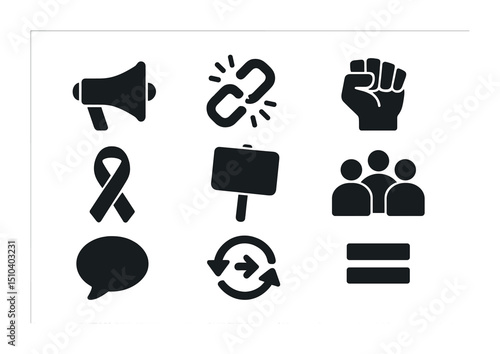 Activism Icon Grid. Solid, filled icons set of social progress and activism: megaphone icon, broken chain,