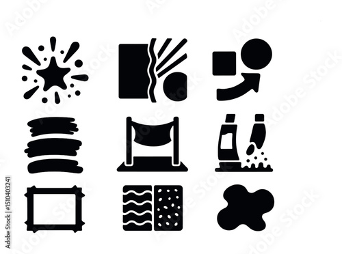 Artistic Icon Grid. Solid, filled icons set of artistic boundary breaking: color explosion, contrast line,