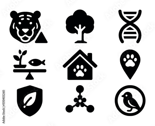 Conservation Icons Grid. Solid, filled icons set of conservation biology and preserving biodiversity: