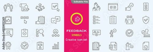 Feedback set of web icons in line style. Feedback and Review icons for web and mobile app. Customer relationship management. Star rating, satisfaction, emotion, testimonials, quick response,