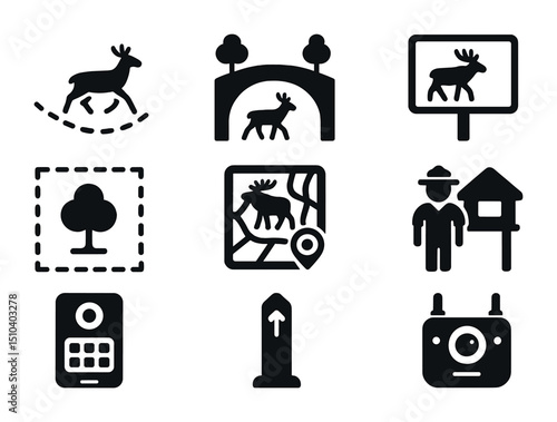 Wildlife Conservation Icons. Solid, filled icons set of wildlife corridors and protected areas: migration path