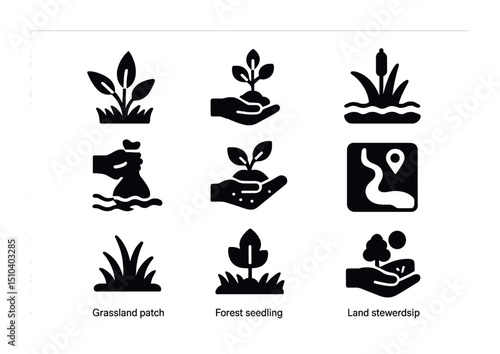 Habitat Restoration Icons. Solid, filled icons set of habitat restoration efforts: native plant, tree planting
