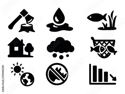 Biodiversity Threat Icons. Solid, filled icons set of threats to biodiversity: deforestation axe, oil spill