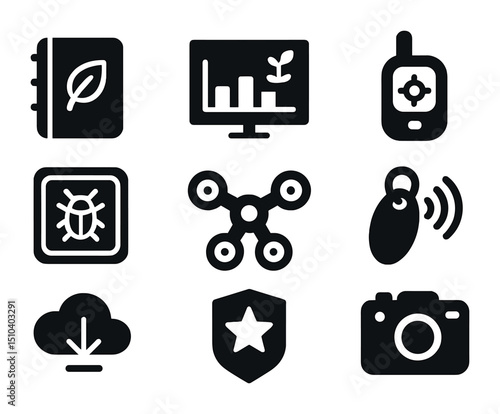 Conservation Research Icons. Solid, filled icons set of conservation research and data: field notebook,